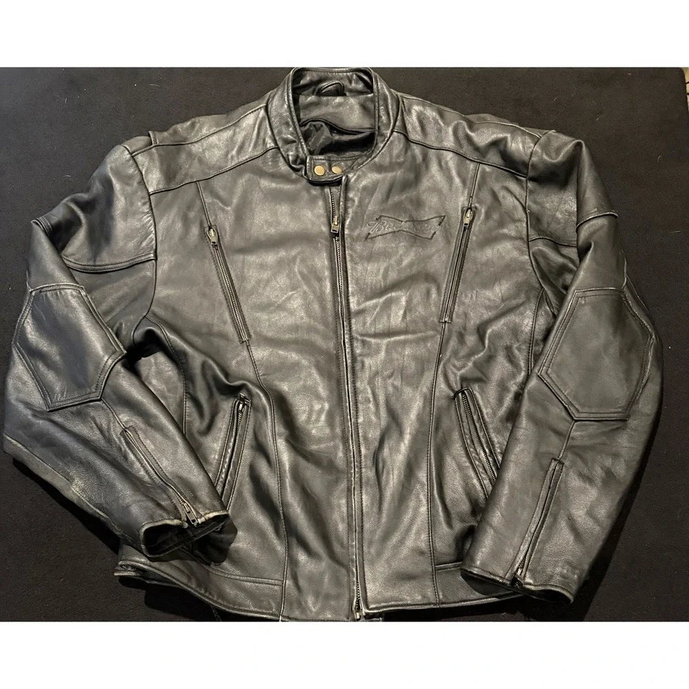 Budweiser Vintage Black Leather Embroidered Jacket Mens XL
